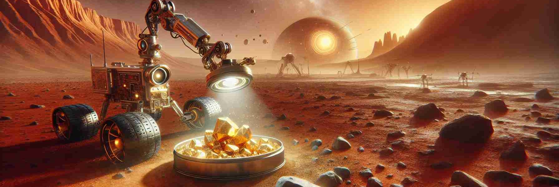 Generate an HD image portraying the intriguing mystery of discovering gold on Mars. The scene displays the alien, reddish Martian landscape with its unique rock formations and dust storms in the background. In the foreground, a scientifically advanced unmanned rover is using its metallic arm to examine a shining golden mineral embedded in Martian soil.