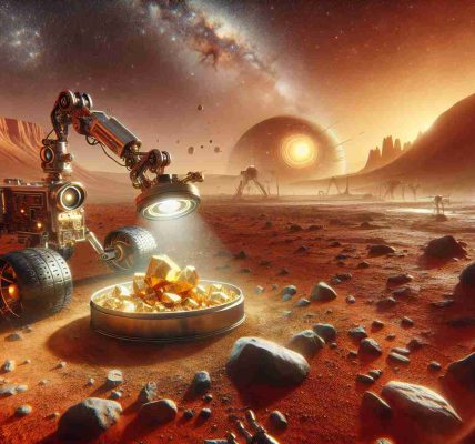 Generate an HD image portraying the intriguing mystery of discovering gold on Mars. The scene displays the alien, reddish Martian landscape with its unique rock formations and dust storms in the background. In the foreground, a scientifically advanced unmanned rover is using its metallic arm to examine a shining golden mineral embedded in Martian soil.