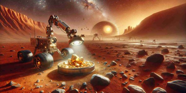 Generate an HD image portraying the intriguing mystery of discovering gold on Mars. The scene displays the alien, reddish Martian landscape with its unique rock formations and dust storms in the background. In the foreground, a scientifically advanced unmanned rover is using its metallic arm to examine a shining golden mineral embedded in Martian soil.