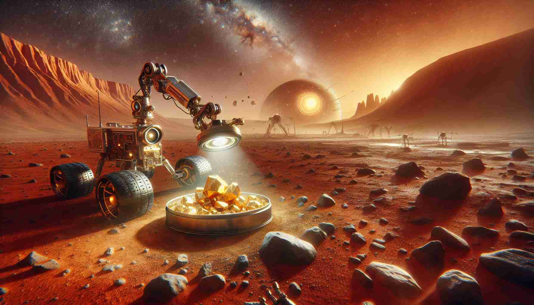 Generate an HD image portraying the intriguing mystery of discovering gold on Mars. The scene displays the alien, reddish Martian landscape with its unique rock formations and dust storms in the background. In the foreground, a scientifically advanced unmanned rover is using its metallic arm to examine a shining golden mineral embedded in Martian soil.