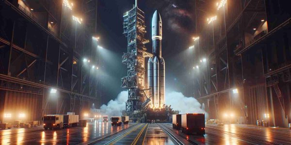 Generate a hyper-realistic, high-definition depiction of an Atlas V Rocket. This powerful machine is prepping to carry a hidden payload on its final mission dedicated towards national security. The scene is dynamic, capturing the intensity and anticipation of this major event. The spaceport facility should reflect the scale of the operations, while the massive rocket, gleaming under the artificial lights, dominates the scene.