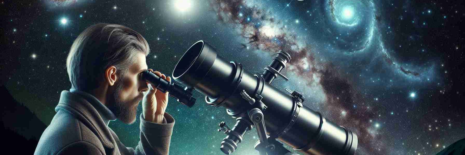 A realistic and high-definition depiction of an individual engrossed in the exploration and discovery of celestial mysteries. The individual is seen with a large telescope, scanning the boundless night sky that is speckled with stars, galaxies, and nebulae. The background is filled with astronomical objects providing the thrill of deep space exploration. Make the scene filled with awe and wonder, while maintaining a balance between the human element of curiosity and the vast, unexplored universe.