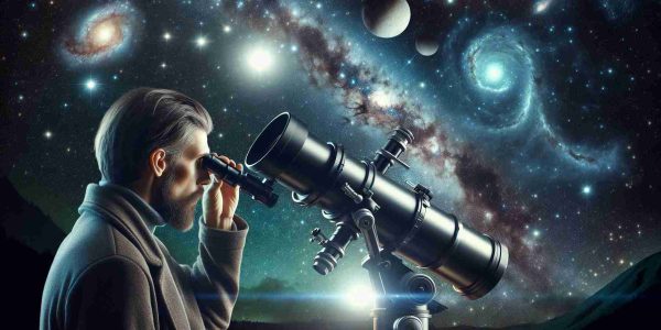 A realistic and high-definition depiction of an individual engrossed in the exploration and discovery of celestial mysteries. The individual is seen with a large telescope, scanning the boundless night sky that is speckled with stars, galaxies, and nebulae. The background is filled with astronomical objects providing the thrill of deep space exploration. Make the scene filled with awe and wonder, while maintaining a balance between the human element of curiosity and the vast, unexplored universe.
