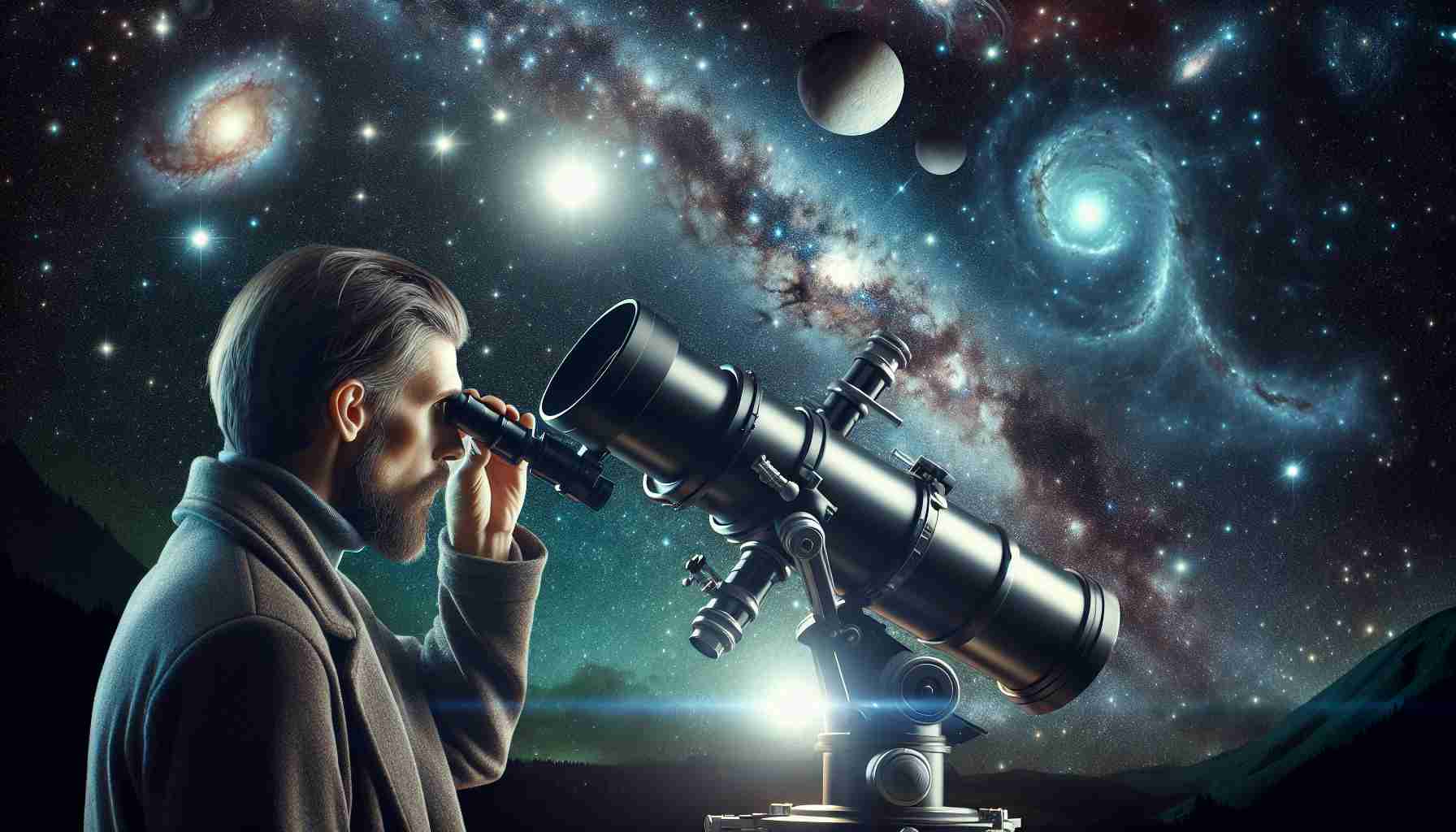 A realistic and high-definition depiction of an individual engrossed in the exploration and discovery of celestial mysteries. The individual is seen with a large telescope, scanning the boundless night sky that is speckled with stars, galaxies, and nebulae. The background is filled with astronomical objects providing the thrill of deep space exploration. Make the scene filled with awe and wonder, while maintaining a balance between the human element of curiosity and the vast, unexplored universe.