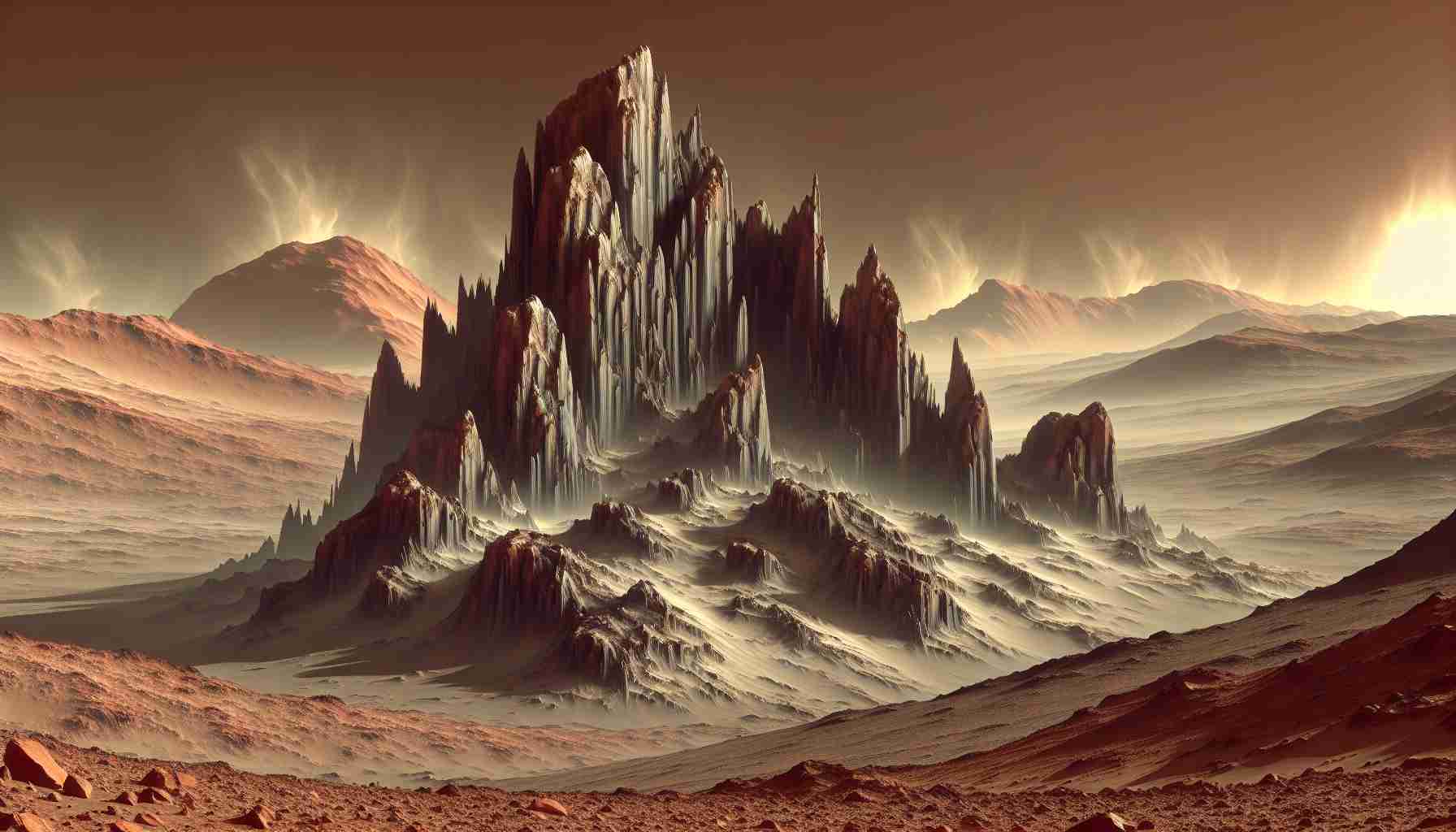 Generate a high-definition, realistic image showing the exploration of Mars. This scene should depict an extraordinary Martian discovery. Perhaps this could be an intricate rock formation, unusual geological structures, or uncategorized material. There should be a sense of awe and mystery, with carefully retouched details to emphasize the harshness and isolation of the Mars landscape with its reddish soil, and towering dust storms in the background.