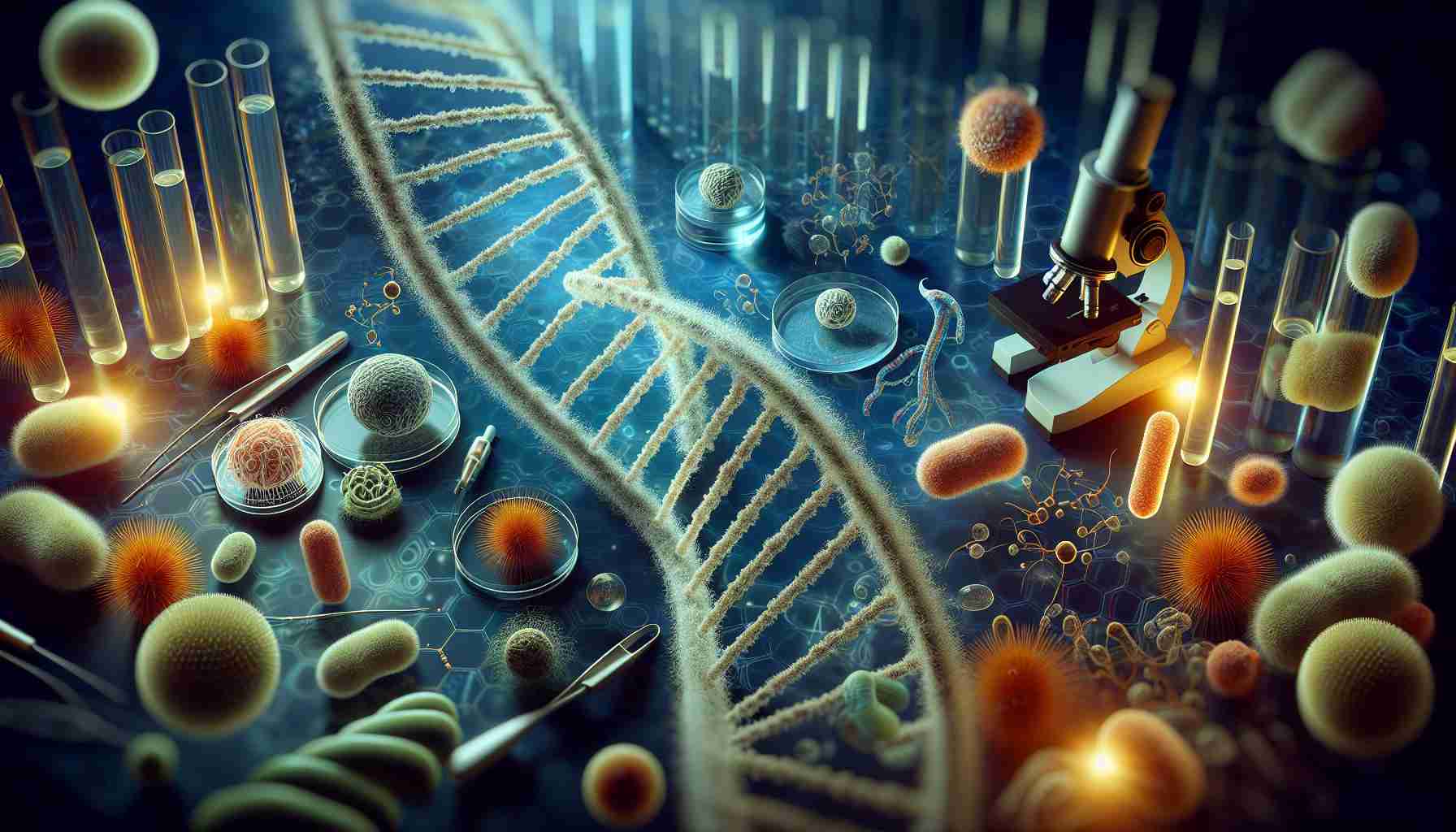 A high-resolution, realistic image representing the exploration of the genetic intricacies of microbial evolution. Picture a microscopic world, showing various types of microbes, each unique and intricate in design, perhaps glowing slightly to represent genetic various changes. Add DNA strands intertwined and interacting with these microbes to symbolize genetic evolution. Also, incorporate scientific tools like petri dishes, microscopes, or pipettes in the background to highlight the research aspect.