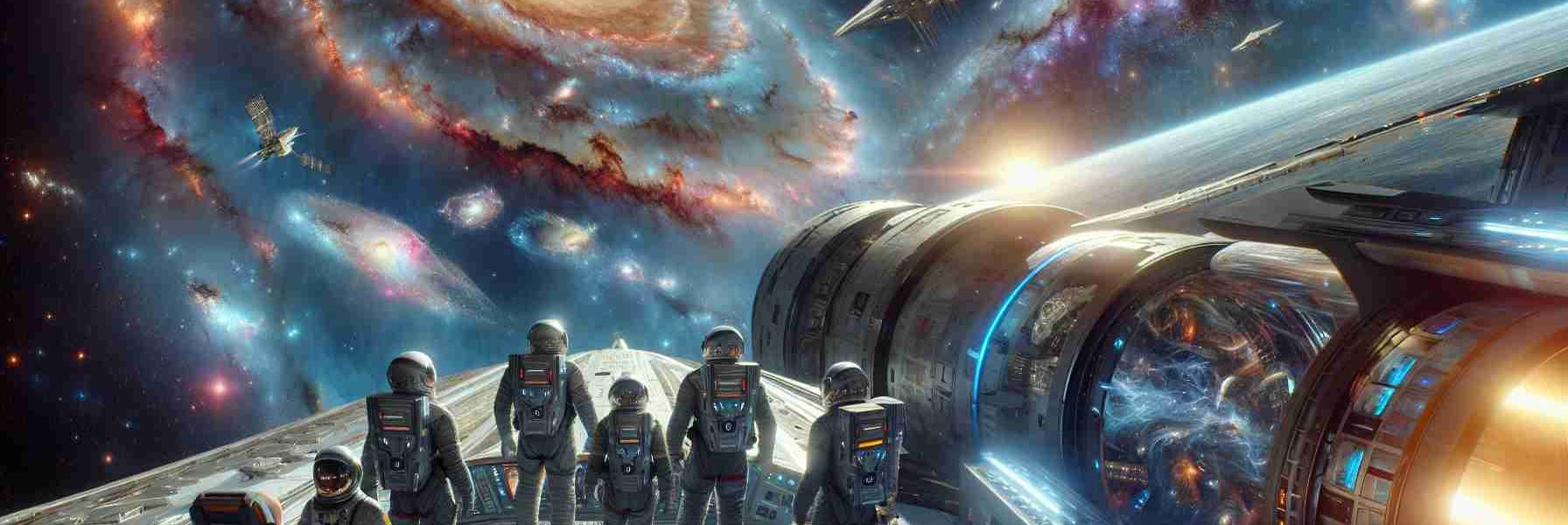 A hyper-realistic, high-definition image of the prodigious future of space exploration. This picture features a large spaceship design based on current and upcoming technology, travelling in the vastness of the cosmos. Within the deeper expanses of the universe, abundant galaxies, celestial bodies and nebulae are gleaming. Astronauts, including a Hispanic male, an Asian female, and a Middle-Eastern female, in state-of-the-art space suits are visible on the spacecraft, gaze focused on the boundless mysteries of the universe. Noticeable is optimism and grandeur that speaks volumes about human audacity and aspirations.