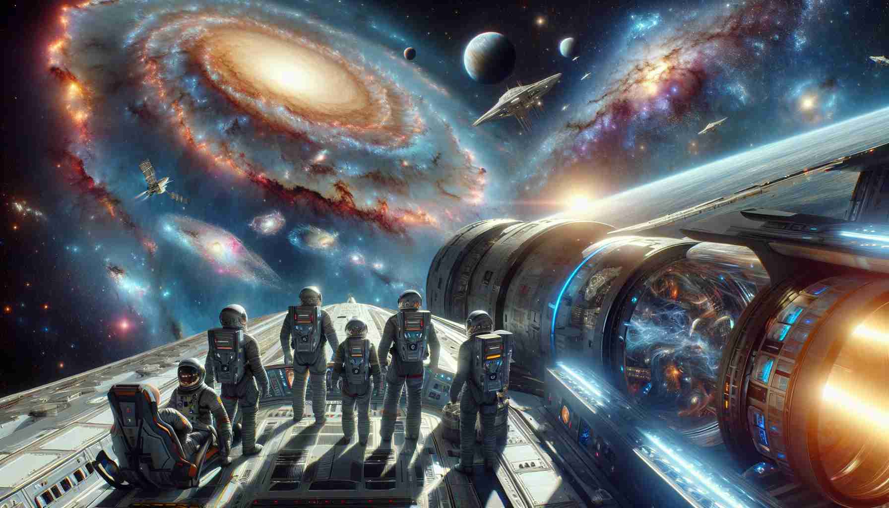 A hyper-realistic, high-definition image of the prodigious future of space exploration. This picture features a large spaceship design based on current and upcoming technology, travelling in the vastness of the cosmos. Within the deeper expanses of the universe, abundant galaxies, celestial bodies and nebulae are gleaming. Astronauts, including a Hispanic male, an Asian female, and a Middle-Eastern female, in state-of-the-art space suits are visible on the spacecraft, gaze focused on the boundless mysteries of the universe. Noticeable is optimism and grandeur that speaks volumes about human audacity and aspirations.