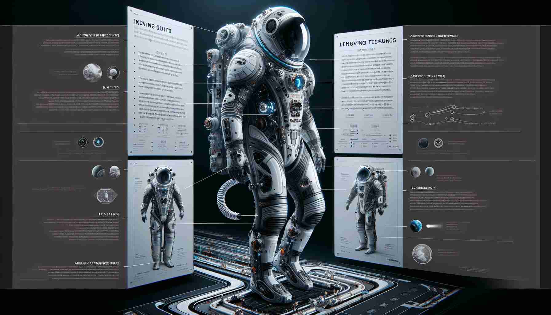 A detailed and high definition portrayal of innovative space suits, specifically designed for lengthy space missions. The image should capture the intricacy and uniqueness of these suits, showcasing their advanced technology and their long lifespan. They are aesthetically futuristic, featuring sleek designs that anticipate the needs of astronauts on enduring journeys. Additionally, consider the unforgiving environment of space, with factors like vacuum, radiation, and extreme temperatures dictating the novel ingenuities of these suits.