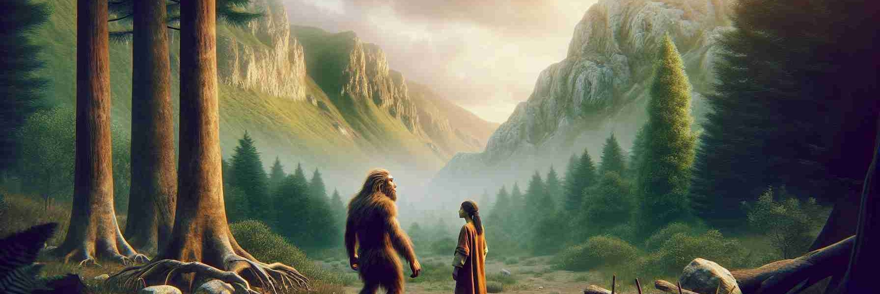 Generate a realistic high-definition image that demonstrates the shared history of modern humans and Neanderthals. The scene could depict a male Neanderthal and a female modern human, both of Middle-Eastern descent, coming together in a peaceful exchange or collaboration in a prehistoric wilderness setting. The atmosphere should be tranquil and contemplative, suggestive of the immeasurable passage of time and the complex, intertwined destinies of these two human species. Feature natural elements, like dense forests, craggy mountains, or open plains, in the background to further emphasize the ancient timeline.