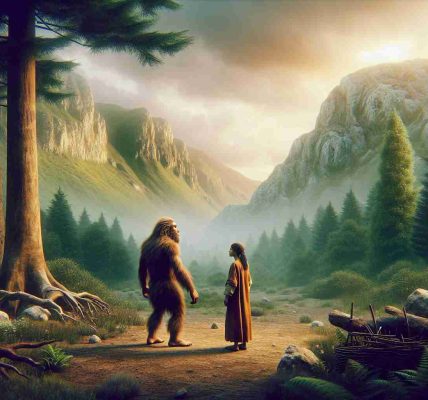 Generate a realistic high-definition image that demonstrates the shared history of modern humans and Neanderthals. The scene could depict a male Neanderthal and a female modern human, both of Middle-Eastern descent, coming together in a peaceful exchange or collaboration in a prehistoric wilderness setting. The atmosphere should be tranquil and contemplative, suggestive of the immeasurable passage of time and the complex, intertwined destinies of these two human species. Feature natural elements, like dense forests, craggy mountains, or open plains, in the background to further emphasize the ancient timeline.