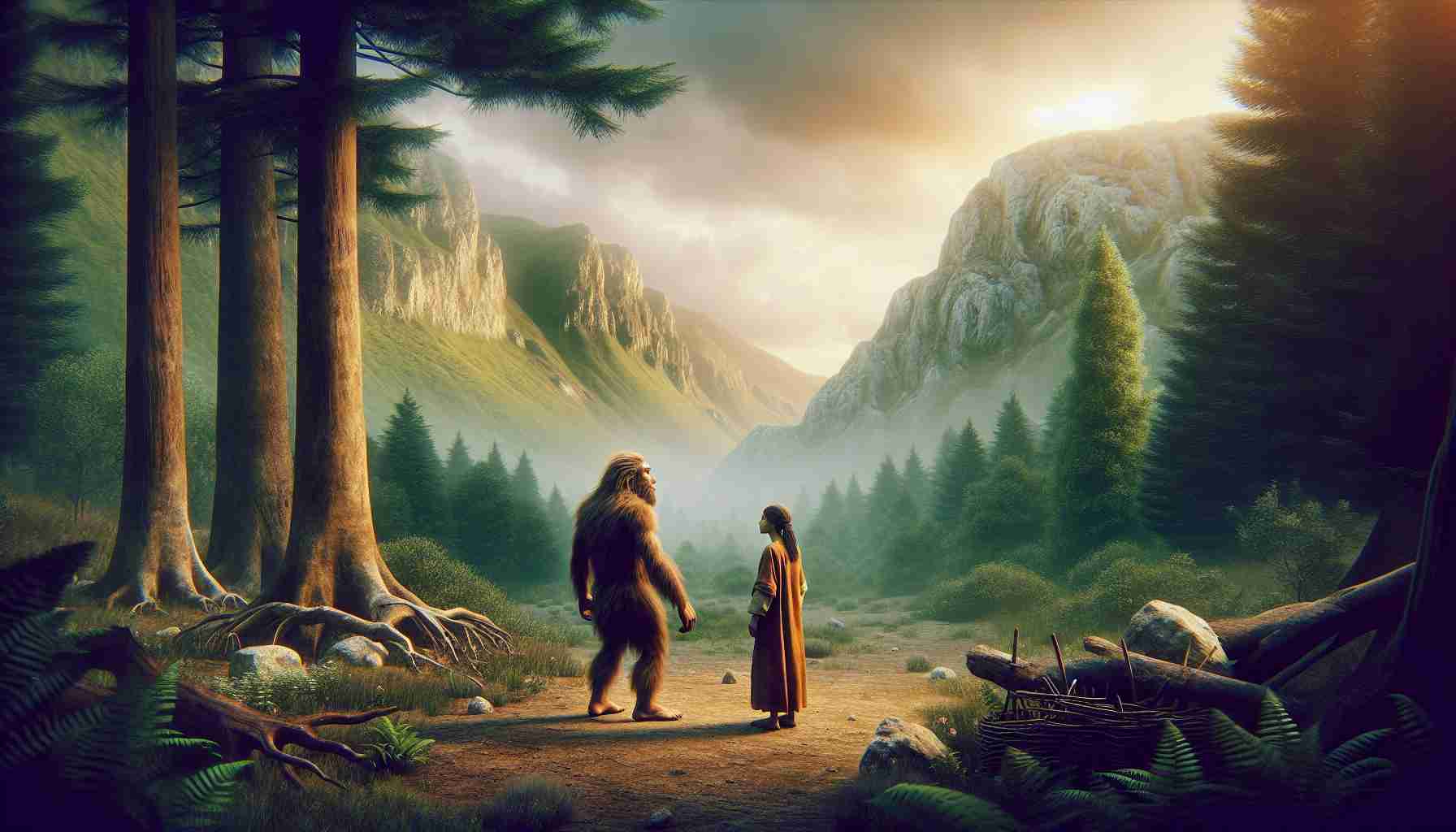 Generate a realistic high-definition image that demonstrates the shared history of modern humans and Neanderthals. The scene could depict a male Neanderthal and a female modern human, both of Middle-Eastern descent, coming together in a peaceful exchange or collaboration in a prehistoric wilderness setting. The atmosphere should be tranquil and contemplative, suggestive of the immeasurable passage of time and the complex, intertwined destinies of these two human species. Feature natural elements, like dense forests, craggy mountains, or open plains, in the background to further emphasize the ancient timeline.