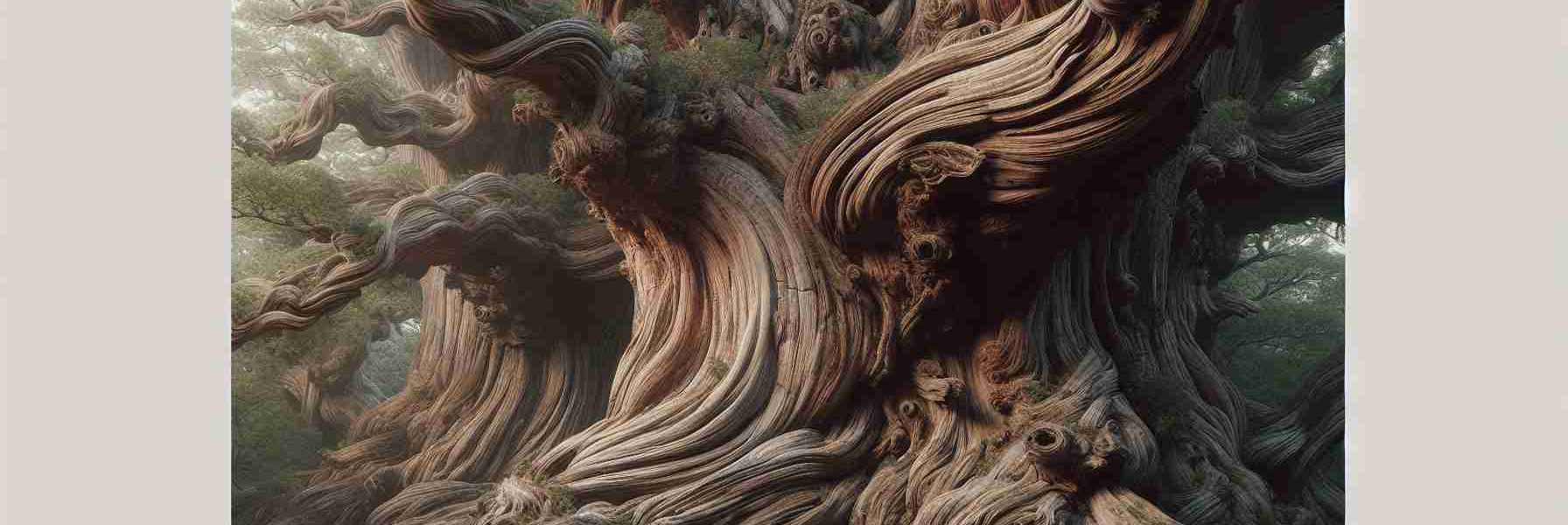 An ultra high-definition, lifelike image showcasing the strikingly unique wood structure of grand and ancient oak trees. The scene should exhibit the intricacies of their knotted branches, the rough yet endearing texture of their bark, and the immense girth of their trunks. The oak trees are enveloped by a lush foliage, contributing to the overall grandeur while providing an interesting contrast to the sturdy wood structure.