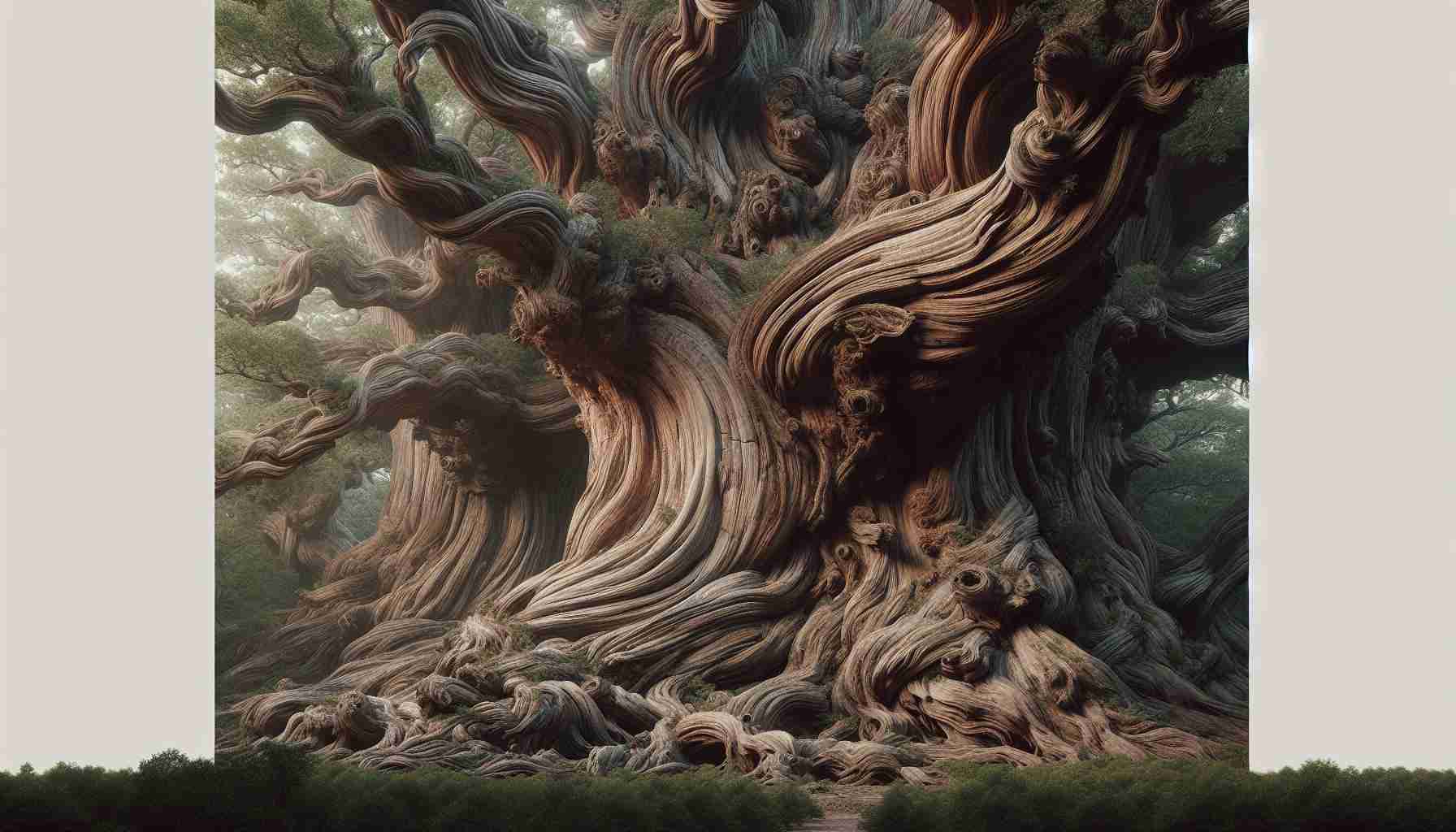 An ultra high-definition, lifelike image showcasing the strikingly unique wood structure of grand and ancient oak trees. The scene should exhibit the intricacies of their knotted branches, the rough yet endearing texture of their bark, and the immense girth of their trunks. The oak trees are enveloped by a lush foliage, contributing to the overall grandeur while providing an interesting contrast to the sturdy wood structure.