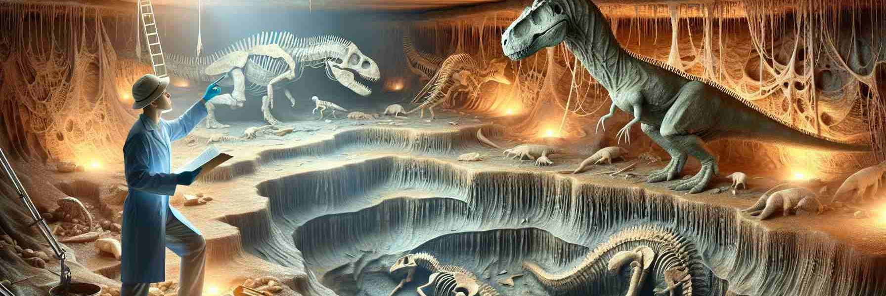 Realistic high-definition image of a paleontologist, who we will call a generic person without giving a specific name or identity, doing extensive meticulous research work in their diligent pursuit to unearth the world of ancient creatures, specifically dinosaurs, under the layers of sediment. This subterranean world is symbolically portrayed with detailed fossilized remains of the gigantic creatures encrypted in the layers of earth.