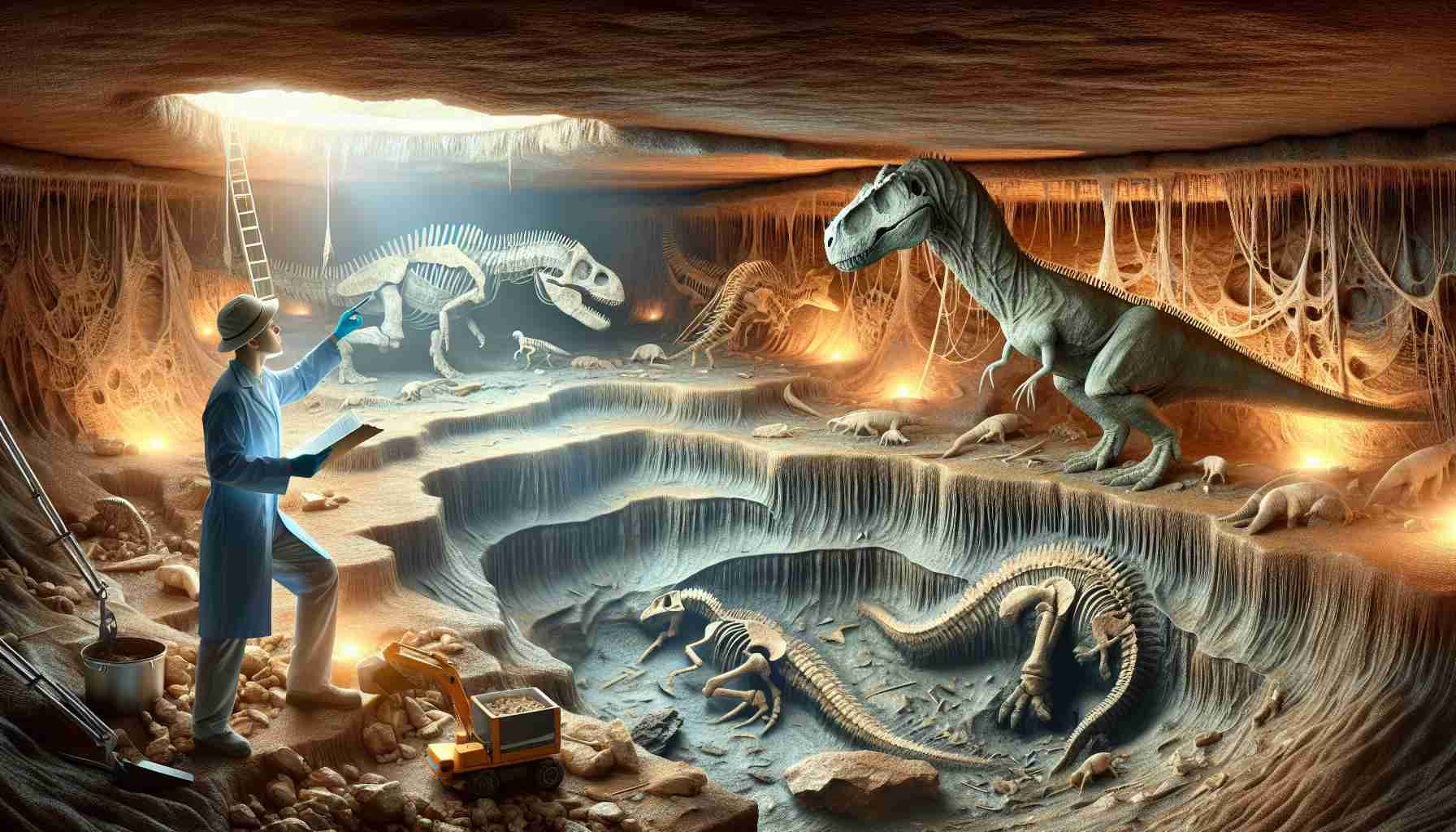 Realistic high-definition image of a paleontologist, who we will call a generic person without giving a specific name or identity, doing extensive meticulous research work in their diligent pursuit to unearth the world of ancient creatures, specifically dinosaurs, under the layers of sediment. This subterranean world is symbolically portrayed with detailed fossilized remains of the gigantic creatures encrypted in the layers of earth.
