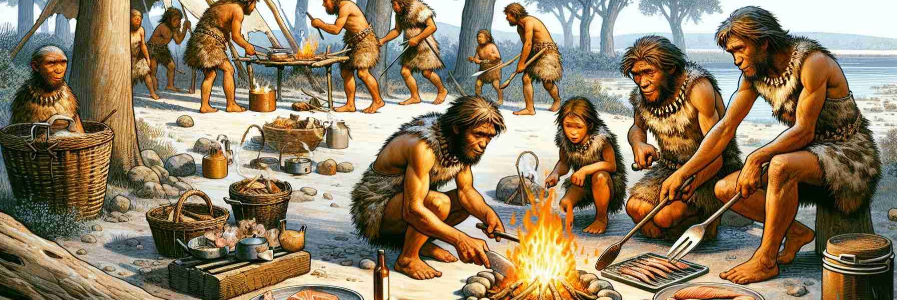 An illustrative and high-definition depiction of an imagined setting showing a group of Neanderthals discovering cooking techniques by preparing small game. This group should be diverse, with males and females of various ages participating in the process. Show nuanced details of fire, cooking tools, and the surrounding environment to provide a realistic view of the prehistoric era.