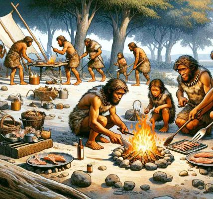 An illustrative and high-definition depiction of an imagined setting showing a group of Neanderthals discovering cooking techniques by preparing small game. This group should be diverse, with males and females of various ages participating in the process. Show nuanced details of fire, cooking tools, and the surrounding environment to provide a realistic view of the prehistoric era.