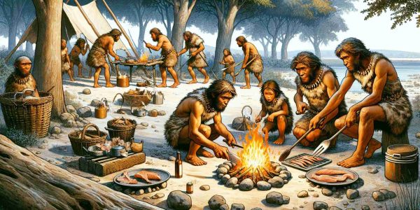 An illustrative and high-definition depiction of an imagined setting showing a group of Neanderthals discovering cooking techniques by preparing small game. This group should be diverse, with males and females of various ages participating in the process. Show nuanced details of fire, cooking tools, and the surrounding environment to provide a realistic view of the prehistoric era.