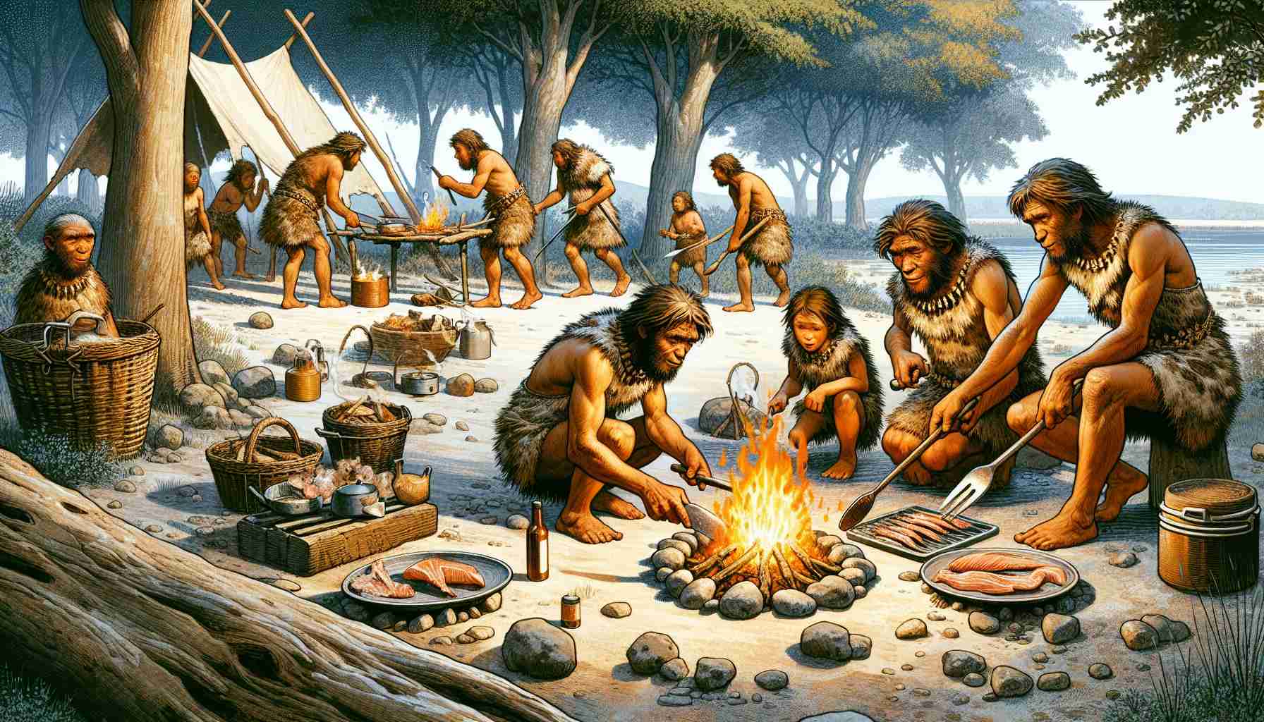 An illustrative and high-definition depiction of an imagined setting showing a group of Neanderthals discovering cooking techniques by preparing small game. This group should be diverse, with males and females of various ages participating in the process. Show nuanced details of fire, cooking tools, and the surrounding environment to provide a realistic view of the prehistoric era.