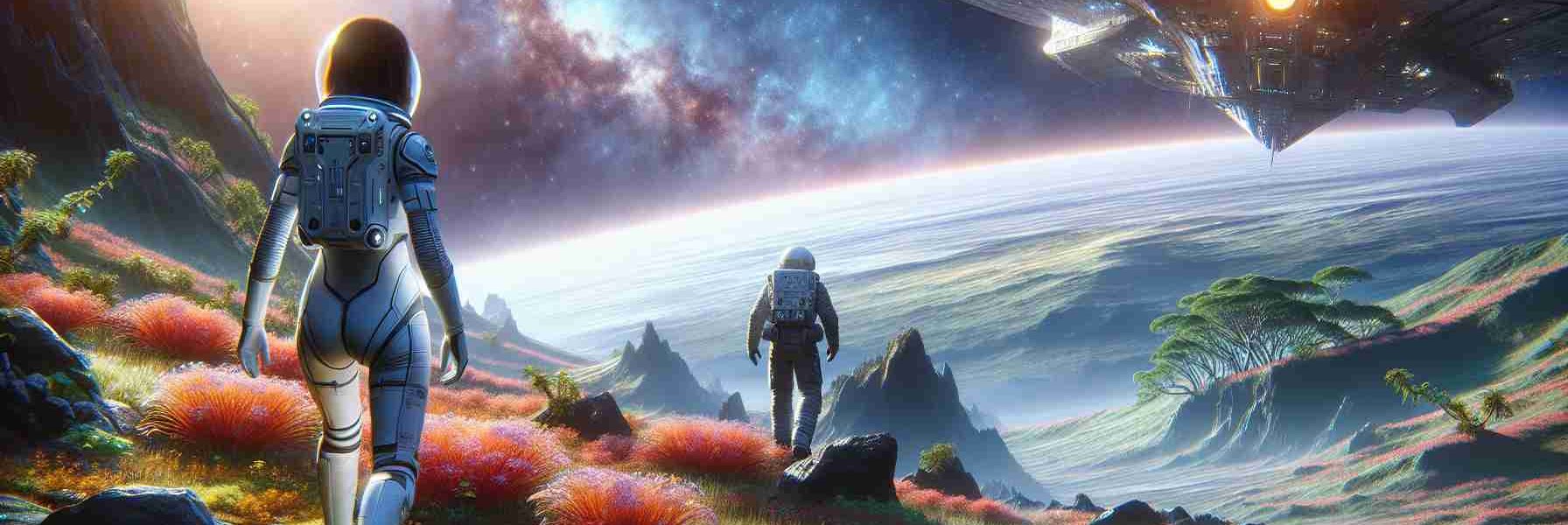 A realistic, high-definition image showcasing the theme of exploring beyond boundaries. The scene takes place on a grand scale with endless terrains. A Caucasian female astronaut clad in a modern spacesuit is stepping off an interstellar spaceship onto unchartered exoplanet terrain. The planet is unknown and has an ethereal glow, vivid flora, and a mesmerizing sky adorned with distant, unfamiliar star systems. The image radiates the emotion of ambition, curiosity, and the thirst for knowledge. On the distant horizon, a Black male astronaut is seen exploring and examining the flora. They are the epitome of bravery and spirit of exploration.