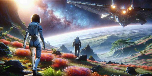 A realistic, high-definition image showcasing the theme of exploring beyond boundaries. The scene takes place on a grand scale with endless terrains. A Caucasian female astronaut clad in a modern spacesuit is stepping off an interstellar spaceship onto unchartered exoplanet terrain. The planet is unknown and has an ethereal glow, vivid flora, and a mesmerizing sky adorned with distant, unfamiliar star systems. The image radiates the emotion of ambition, curiosity, and the thirst for knowledge. On the distant horizon, a Black male astronaut is seen exploring and examining the flora. They are the epitome of bravery and spirit of exploration.