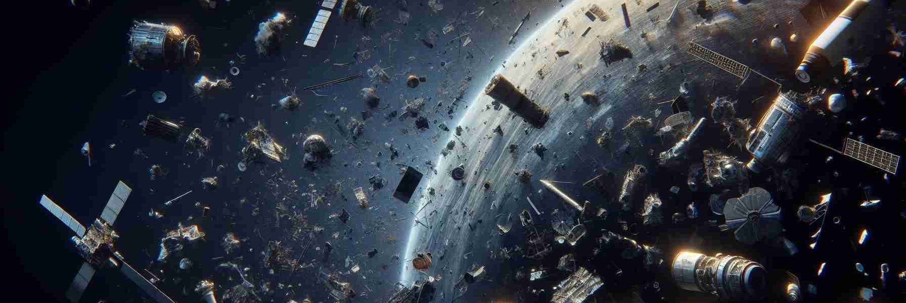 Generate a high definition, hyper-realistic image showcasing the vastness of outer space filled with objects that represent space debris. Depict various pieces of broken satellites, defunct spacecraft, and remnants from old rocket launches, creating a mysterious and intriguing environment from a vantage point above our planet.