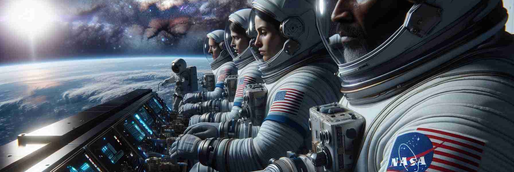 Create a high-definition, realistic image of a group of NASA astronauts in space. The astronauts are of diverse descent, including Hispanic, Black, and Caucasian genders. They're going about their tasks with professional precision, yet also showing concern due to certain safety issues. One can observe the general sense of unease on their faces as they work within the infinity of the universe that surrounds them. Their suits bear the NASA logo prominently, reflecting the remarkable contrast of human achievement amidst the vast cosmos. In the background, you can see the magnificent view of the galaxy.