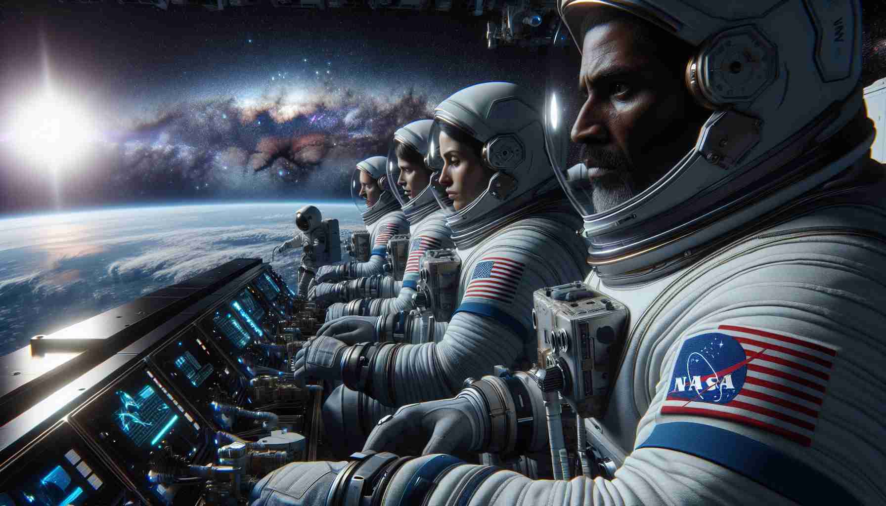 Create a high-definition, realistic image of a group of NASA astronauts in space. The astronauts are of diverse descent, including Hispanic, Black, and Caucasian genders. They're going about their tasks with professional precision, yet also showing concern due to certain safety issues. One can observe the general sense of unease on their faces as they work within the infinity of the universe that surrounds them. Their suits bear the NASA logo prominently, reflecting the remarkable contrast of human achievement amidst the vast cosmos. In the background, you can see the magnificent view of the galaxy.