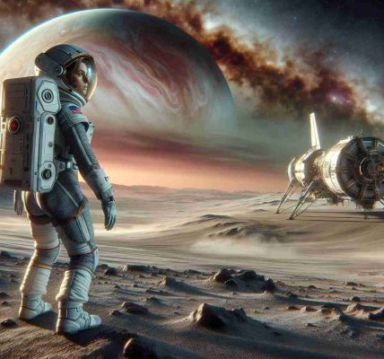 A high-definition, realistic depiction of a major milestone in space exploration. Render an astronaut, with a Caucasian descent and female gender, stepping onto an unexplored alien planet. The sky above her is a swirl of unfamiliar colors and patterns, foreign to the sights on earth. In the background, the ship that carried her looms as a symbol of human achievement. The astronaut's expression is one of awe, mindful of the significance of this moment.