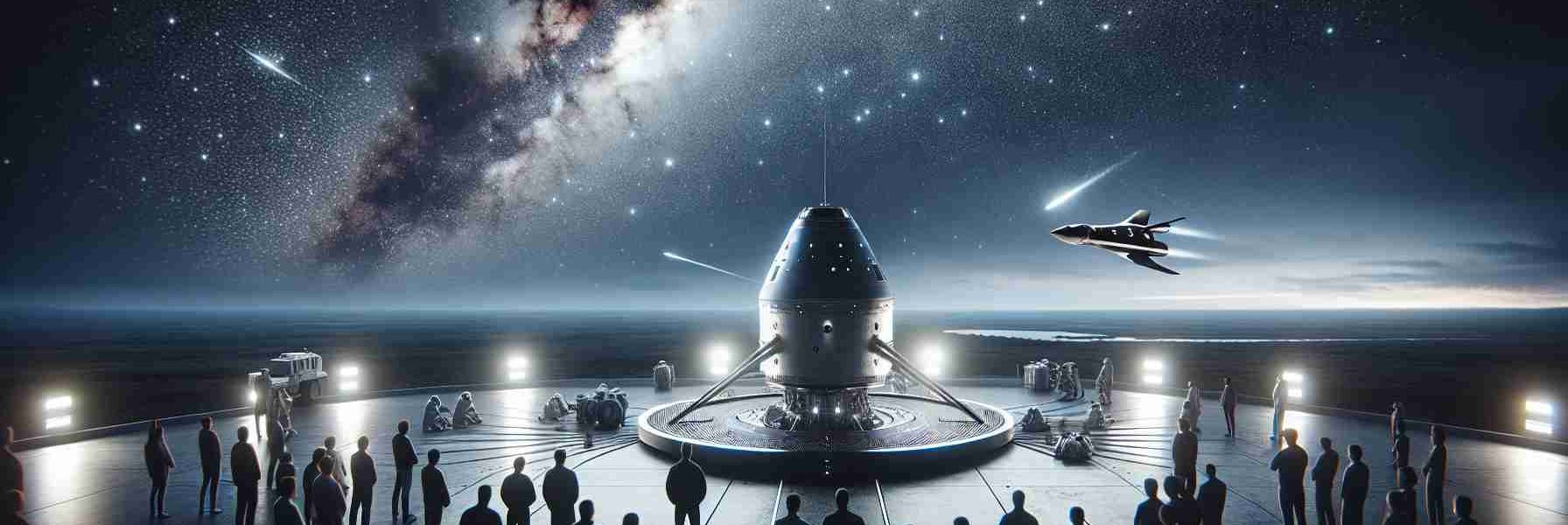 Generate a realistic, high-definition image of a conceptual space tourism venture, portraying a sleek and futuristic spacecraft being prepared for launch. Show the vast expanse of the night sky burgeoning with stars, underlining the unlimited possibilities of space exploration. A group of eager tourists, men and women of various descents, await in suspense, enthralled by the vista ahead. This spacecraft is positioned on a high-tech launchpad, surrounded by an aura of excitement and anticipation, against the backdrop of a dark, expansive horizon.