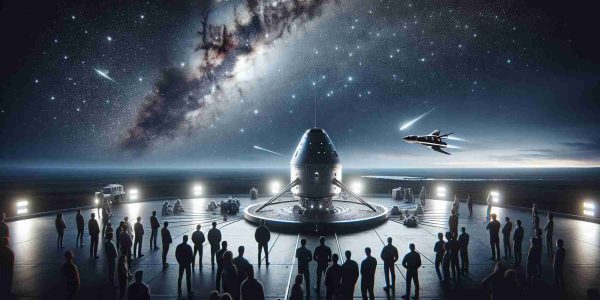 Generate a realistic, high-definition image of a conceptual space tourism venture, portraying a sleek and futuristic spacecraft being prepared for launch. Show the vast expanse of the night sky burgeoning with stars, underlining the unlimited possibilities of space exploration. A group of eager tourists, men and women of various descents, await in suspense, enthralled by the vista ahead. This spacecraft is positioned on a high-tech launchpad, surrounded by an aura of excitement and anticipation, against the backdrop of a dark, expansive horizon.