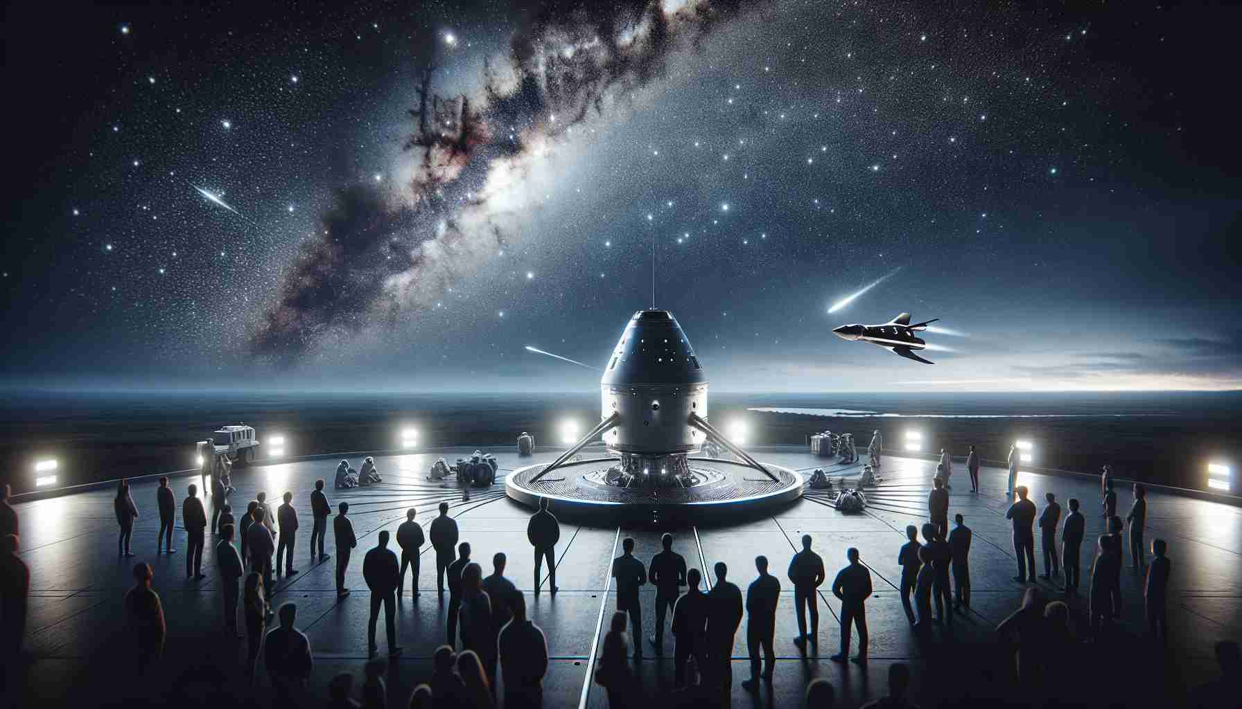 Generate a realistic, high-definition image of a conceptual space tourism venture, portraying a sleek and futuristic spacecraft being prepared for launch. Show the vast expanse of the night sky burgeoning with stars, underlining the unlimited possibilities of space exploration. A group of eager tourists, men and women of various descents, await in suspense, enthralled by the vista ahead. This spacecraft is positioned on a high-tech launchpad, surrounded by an aura of excitement and anticipation, against the backdrop of a dark, expansive horizon.