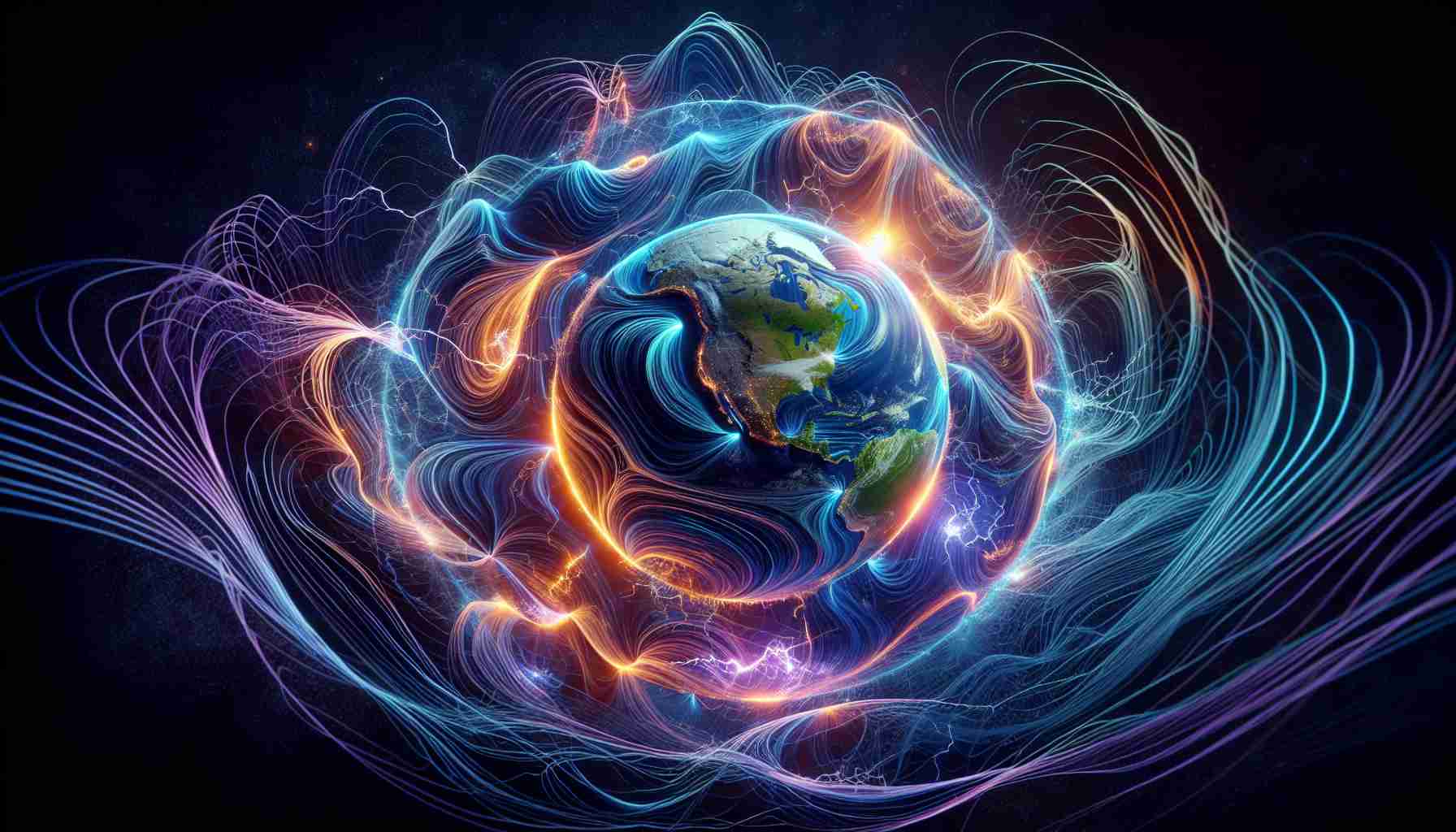 Create a realistic, high-definition image presenting a unique perspective of Earth's electric field. Illustrate Earth as a spherical entity within a network of fluctuating electric currents, the lines of force surrounding it in various, vibrant shades. Capture the dynamic interaction between these currents and the Earth's surface, hinting at the ongoing process of planetary evolution. Vividly depict both terrestrial landscapes and marine expanses, demonstrating the interconnectedness of all Earth's features. Integrate elements essential to planetary evolution, such as volcanic activities and tectonic shifts subtly in the image.