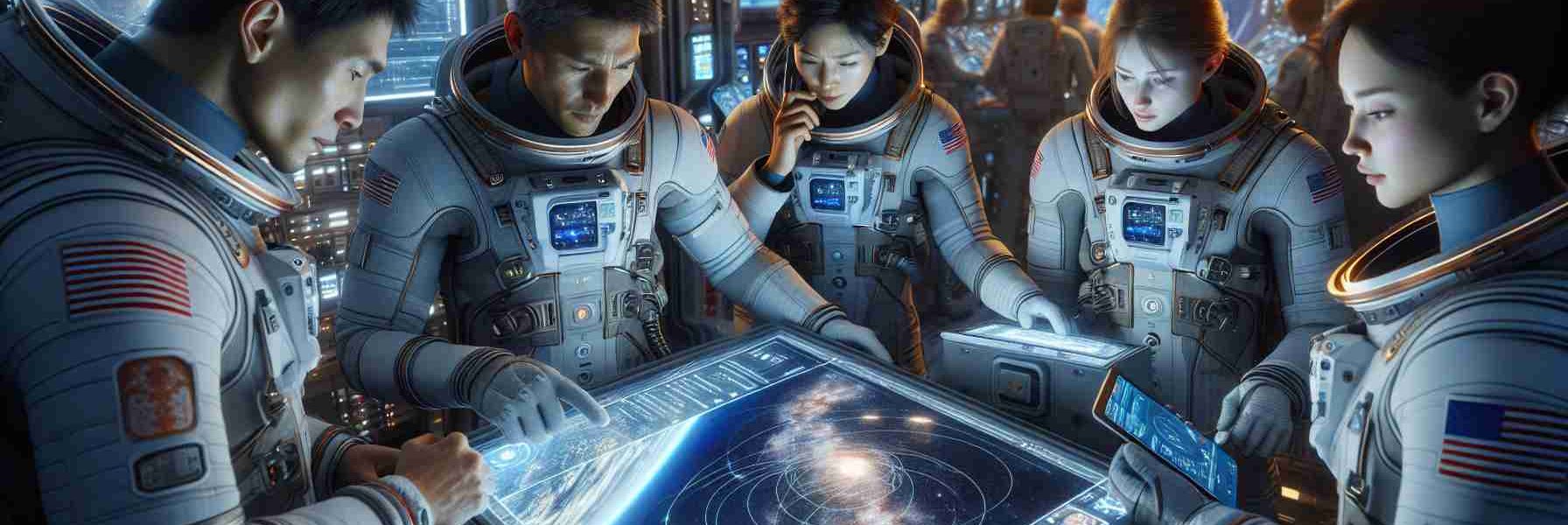 Realistic, high-definition image of a diverse group of space travelers preparing for a new expedition. The group consists of a Caucasian female astronaut adjusting the gear on her spacesuit, a Middle-Eastern male astronaut examining a star map on a transparent display, an Asian male astronaut speaking into a headset communicating last-minute plans, and a Black female astronaut who's reviewing the mission plan on a digital tablet. The background shows the interior of the spacecraft filled with advanced technology, illuminated only by the glow of various control panels and the distant stars visible through the viewport.