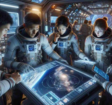 Realistic, high-definition image of a diverse group of space travelers preparing for a new expedition. The group consists of a Caucasian female astronaut adjusting the gear on her spacesuit, a Middle-Eastern male astronaut examining a star map on a transparent display, an Asian male astronaut speaking into a headset communicating last-minute plans, and a Black female astronaut who's reviewing the mission plan on a digital tablet. The background shows the interior of the spacecraft filled with advanced technology, illuminated only by the glow of various control panels and the distant stars visible through the viewport.