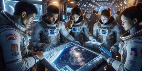 Realistic, high-definition image of a diverse group of space travelers preparing for a new expedition. The group consists of a Caucasian female astronaut adjusting the gear on her spacesuit, a Middle-Eastern male astronaut examining a star map on a transparent display, an Asian male astronaut speaking into a headset communicating last-minute plans, and a Black female astronaut who's reviewing the mission plan on a digital tablet. The background shows the interior of the spacecraft filled with advanced technology, illuminated only by the glow of various control panels and the distant stars visible through the viewport.