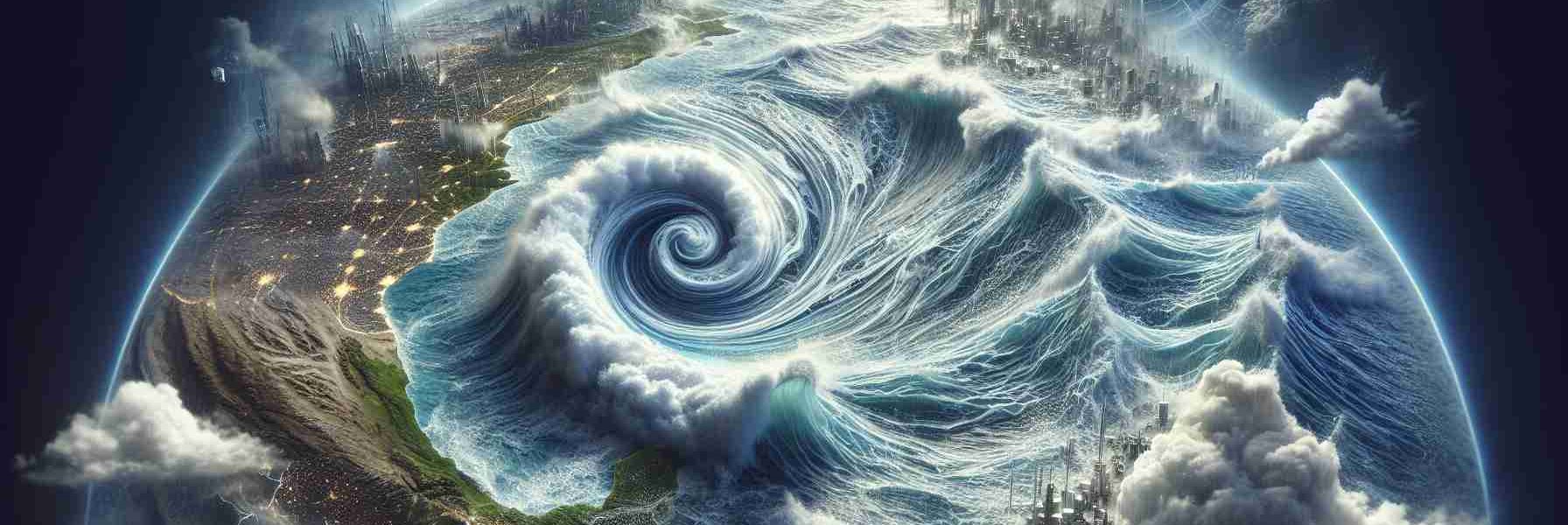 A highly detailed and realistic rendering of an ocean scene portraying the concept of ocean circulation collapse. The image should reflect the serious implications this phenomenon could have on global climate stability. Such elements could include troubled waters with swirling currents, a visibly altered weather patterns, and perhaps, symbolic imagery such as a broken compass to convey the destabilization.