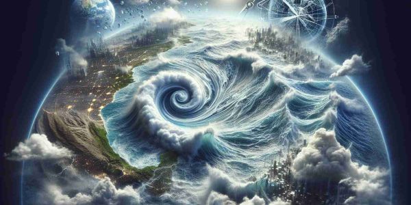 A highly detailed and realistic rendering of an ocean scene portraying the concept of ocean circulation collapse. The image should reflect the serious implications this phenomenon could have on global climate stability. Such elements could include troubled waters with swirling currents, a visibly altered weather patterns, and perhaps, symbolic imagery such as a broken compass to convey the destabilization.