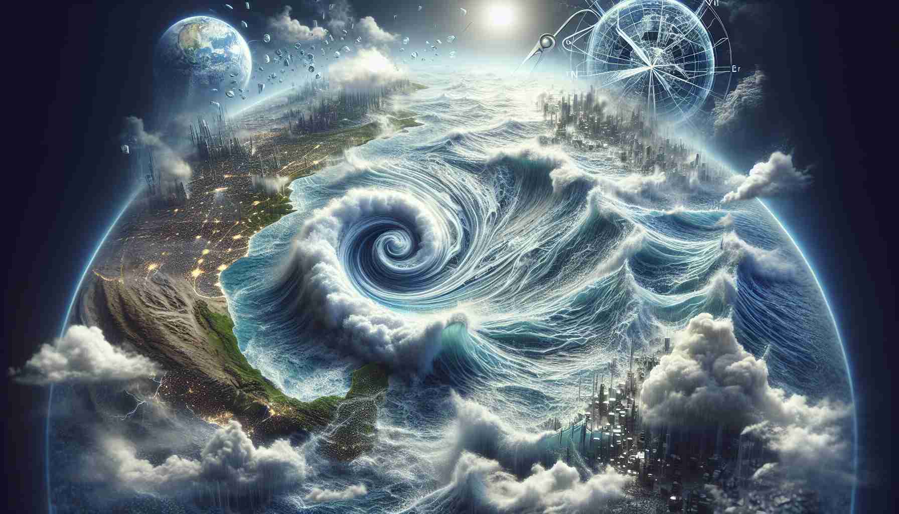 A highly detailed and realistic rendering of an ocean scene portraying the concept of ocean circulation collapse. The image should reflect the serious implications this phenomenon could have on global climate stability. Such elements could include troubled waters with swirling currents, a visibly altered weather patterns, and perhaps, symbolic imagery such as a broken compass to convey the destabilization.