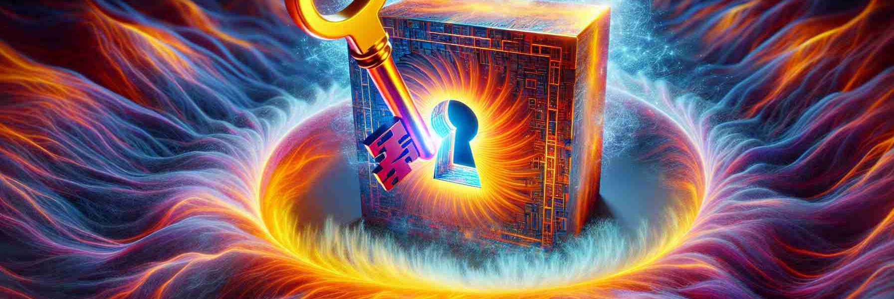 Depict a high-definition, hyperrealistic image illustrating the concept of unlocking the potential of higher temperature superconductivity. This should be a symbolic representation, perhaps with a large key moving towards a glowing locked box or door that represents superconductivity. The keyhole should be glowing with a warm, high-temperature color gradient to symbolize the increased temperature range. Around the box or door, show swirling, vibrant energy patterns to depict the energy flow.