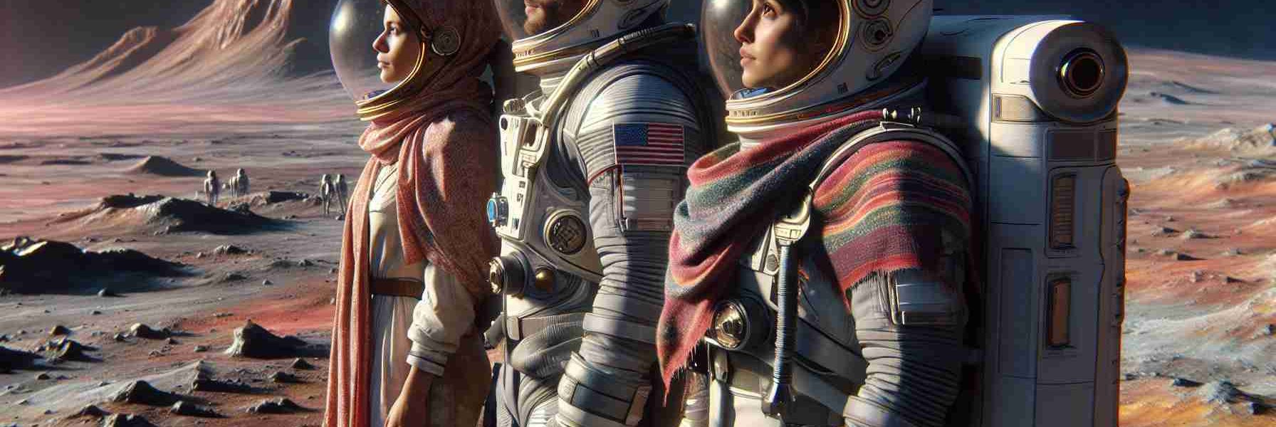 Generate a high-definition, realistic image depicting a group of three astronauts with diverse descents: one Hispanic female astronaut, one Middle-Eastern male astronaut, and one South-Asian male astronaut. They are all stranded on an alien planet, gazing into the infinite expanse of space, with a sense of longing and anticipation. They are eagerly awaiting their return to Earth. Their space suits are detailed, reflecting state-of-the-art NASA designs, complete with helmets and life-support backpacks. The terrain around them is extraterrestrial, unaesthetic and inhospitable, setting a stark contrast to their longing for home.