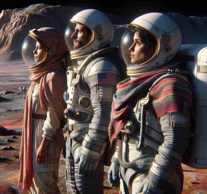 Generate a high-definition, realistic image depicting a group of three astronauts with diverse descents: one Hispanic female astronaut, one Middle-Eastern male astronaut, and one South-Asian male astronaut. They are all stranded on an alien planet, gazing into the infinite expanse of space, with a sense of longing and anticipation. They are eagerly awaiting their return to Earth. Their space suits are detailed, reflecting state-of-the-art NASA designs, complete with helmets and life-support backpacks. The terrain around them is extraterrestrial, unaesthetic and inhospitable, setting a stark contrast to their longing for home.