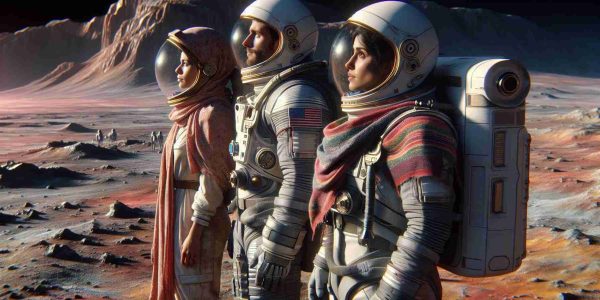 Generate a high-definition, realistic image depicting a group of three astronauts with diverse descents: one Hispanic female astronaut, one Middle-Eastern male astronaut, and one South-Asian male astronaut. They are all stranded on an alien planet, gazing into the infinite expanse of space, with a sense of longing and anticipation. They are eagerly awaiting their return to Earth. Their space suits are detailed, reflecting state-of-the-art NASA designs, complete with helmets and life-support backpacks. The terrain around them is extraterrestrial, unaesthetic and inhospitable, setting a stark contrast to their longing for home.