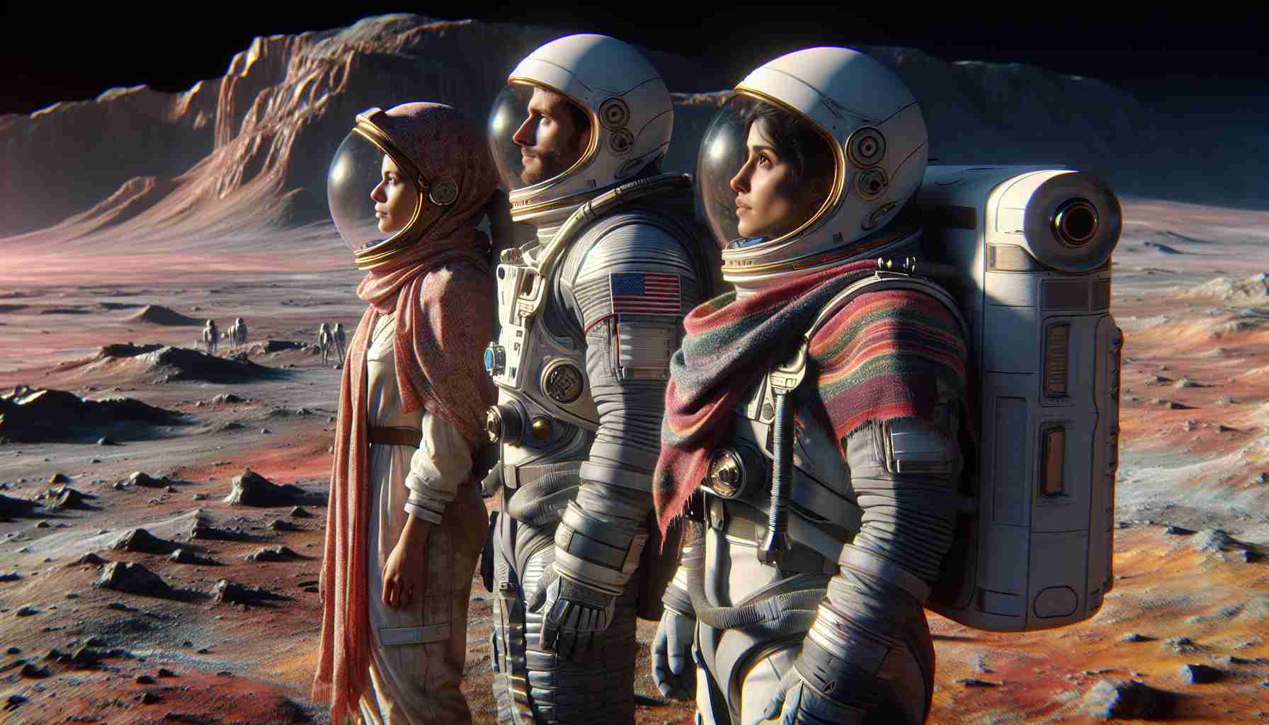 Generate a high-definition, realistic image depicting a group of three astronauts with diverse descents: one Hispanic female astronaut, one Middle-Eastern male astronaut, and one South-Asian male astronaut. They are all stranded on an alien planet, gazing into the infinite expanse of space, with a sense of longing and anticipation. They are eagerly awaiting their return to Earth. Their space suits are detailed, reflecting state-of-the-art NASA designs, complete with helmets and life-support backpacks. The terrain around them is extraterrestrial, unaesthetic and inhospitable, setting a stark contrast to their longing for home.