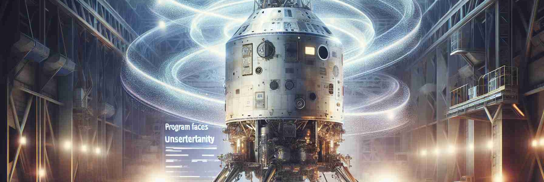 Create a high-definition, realistic depiction of a spacecraft related to an uncertainty theme. The spacecraft is modern, large size, built by a notable aerospace company, with details such as a logo, windows, panels, lights and antennae. It's stationed in a hangar or launch site which is portrayed in a moment of indefinite pause, illustrating uncertainty. Add swirls of light to give the feeling of a celestial environment, and overlay the image with the text 'Program Faces Uncertainty'.