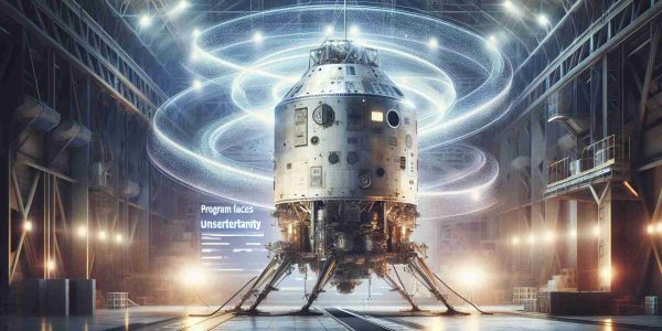 Create a high-definition, realistic depiction of a spacecraft related to an uncertainty theme. The spacecraft is modern, large size, built by a notable aerospace company, with details such as a logo, windows, panels, lights and antennae. It's stationed in a hangar or launch site which is portrayed in a moment of indefinite pause, illustrating uncertainty. Add swirls of light to give the feeling of a celestial environment, and overlay the image with the text 'Program Faces Uncertainty'.