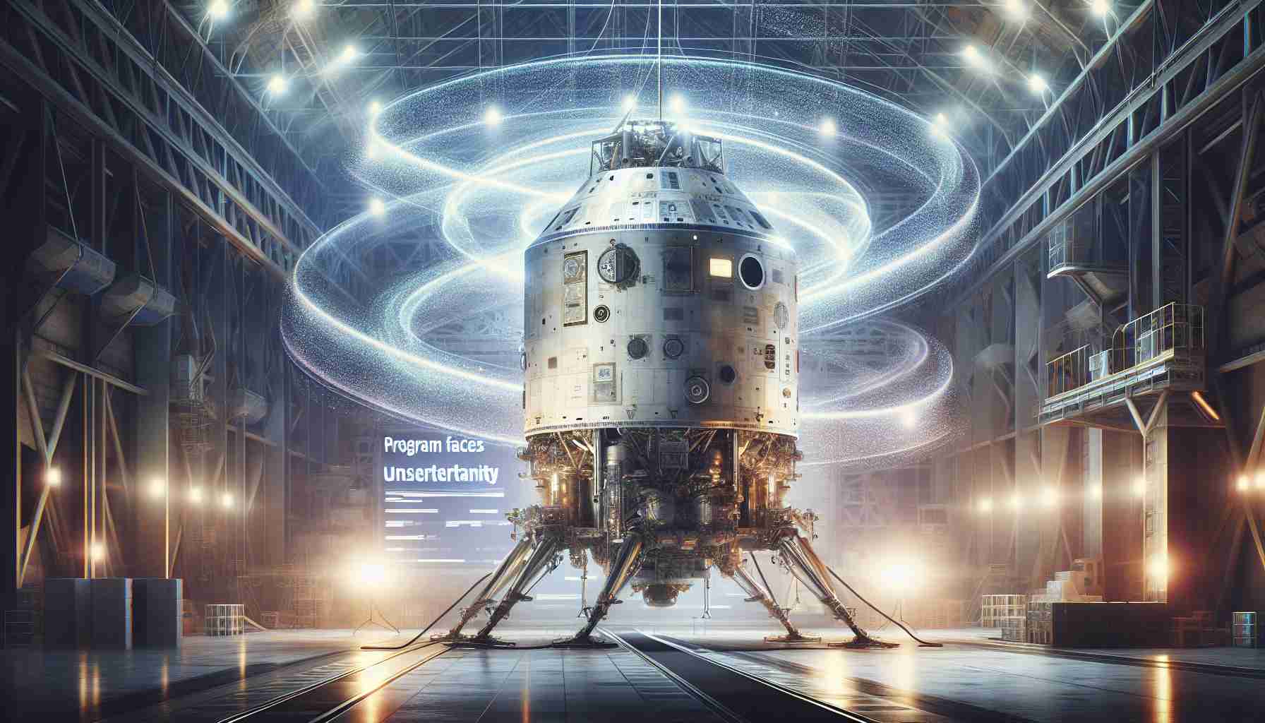 Create a high-definition, realistic depiction of a spacecraft related to an uncertainty theme. The spacecraft is modern, large size, built by a notable aerospace company, with details such as a logo, windows, panels, lights and antennae. It's stationed in a hangar or launch site which is portrayed in a moment of indefinite pause, illustrating uncertainty. Add swirls of light to give the feeling of a celestial environment, and overlay the image with the text 'Program Faces Uncertainty'.