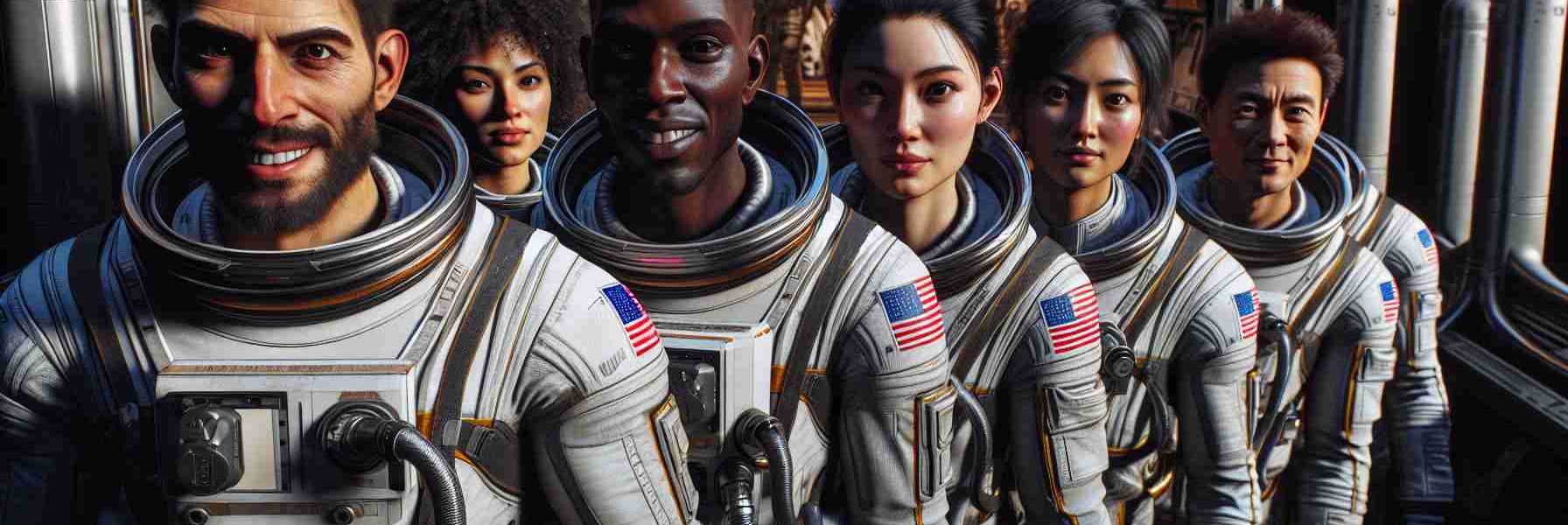 High-definition realistic image showcasing a brave crew preparing for a mission beyond Earth's atmosphere. The crew is composed of individuals from various descents including a Hispanic woman, a Black man, a Middle-Eastern woman, a South Asian man, and a White woman. They are dressed in space suits, standing against the backdrop of a spacecraft. Their expressions display a mix of excitement, determination, and courage, showcasing their readiness to venture into new frontiers, embodying the spirit of human exploration.