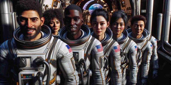 High-definition realistic image showcasing a brave crew preparing for a mission beyond Earth's atmosphere. The crew is composed of individuals from various descents including a Hispanic woman, a Black man, a Middle-Eastern woman, a South Asian man, and a White woman. They are dressed in space suits, standing against the backdrop of a spacecraft. Their expressions display a mix of excitement, determination, and courage, showcasing their readiness to venture into new frontiers, embodying the spirit of human exploration.